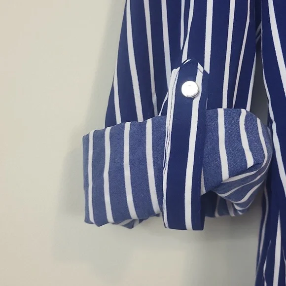 CORAL BAY Blue White Stripe Roll-Tab Pocket Blouse - Picture 5 of 12